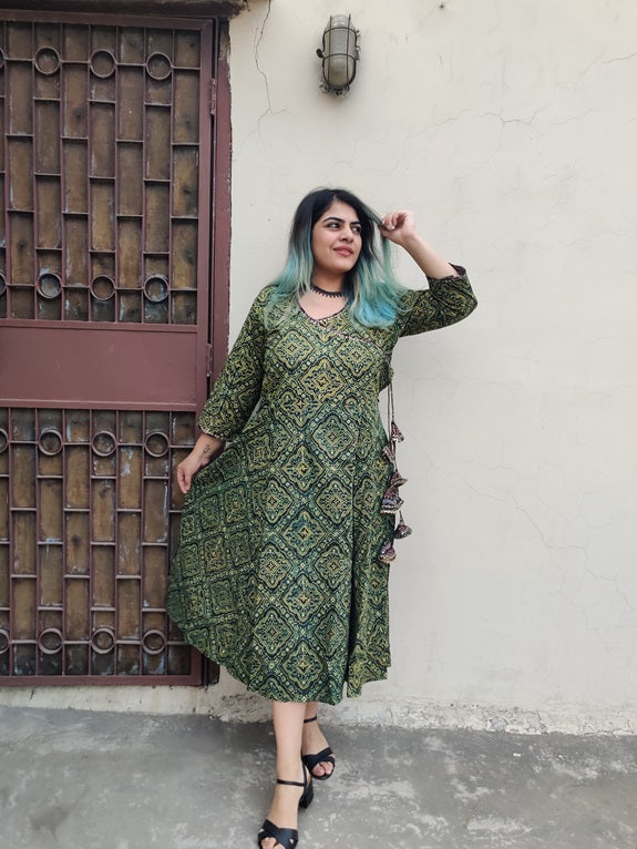 Ranya Ajrakh Hand Black printed Angrakha Dress with Tassels