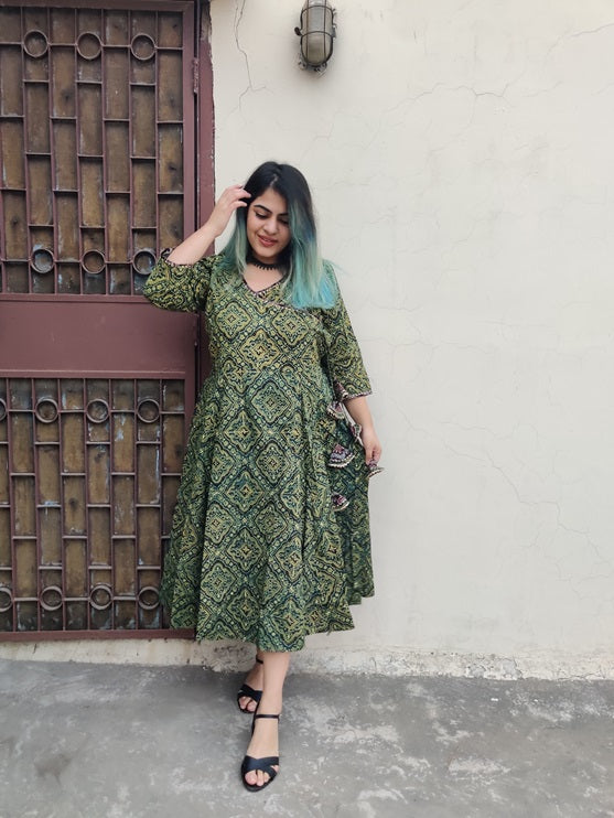 Ranya Ajrakh Hand Black printed Angrakha Dress with Tassels