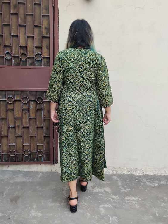 Ranya Ajrakh Hand Black printed Angrakha Dress with Tassels