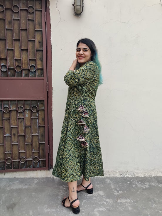 Ranya Ajrakh Hand Black printed Angrakha Dress with Tassels