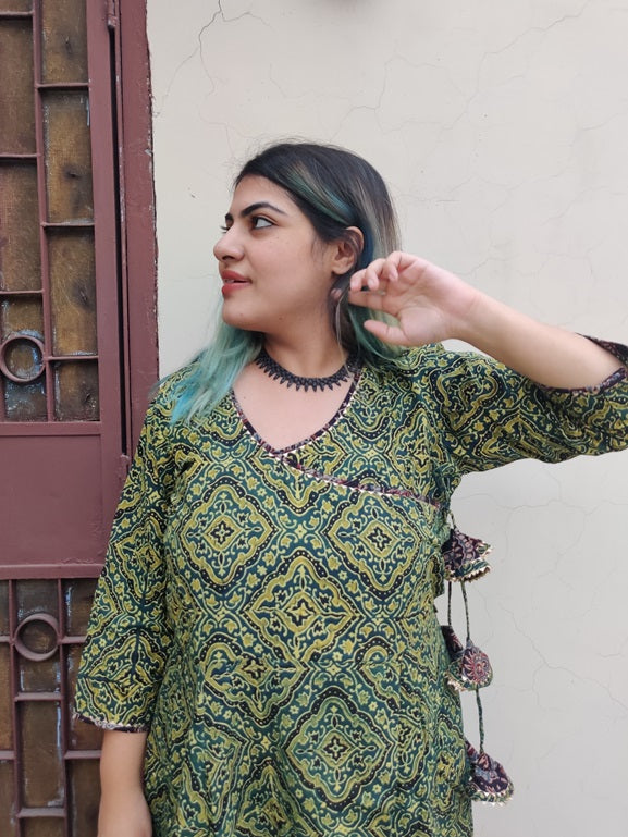 Ranya Ajrakh Hand Black printed Angrakha Dress with Tassels