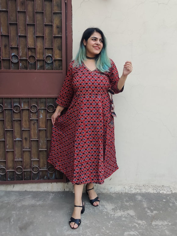 Giva Ajrakh Hand Black printed Angrakha Dress with Tassels