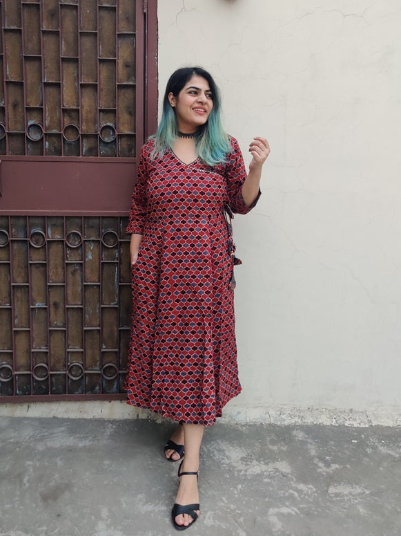 Giva Ajrakh Hand Black printed Angrakha Dress with Tassels