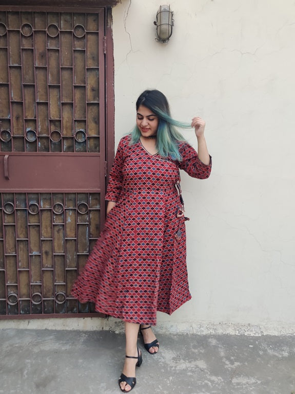 Giva Ajrakh Hand Black printed Angrakha Dress with Tassels