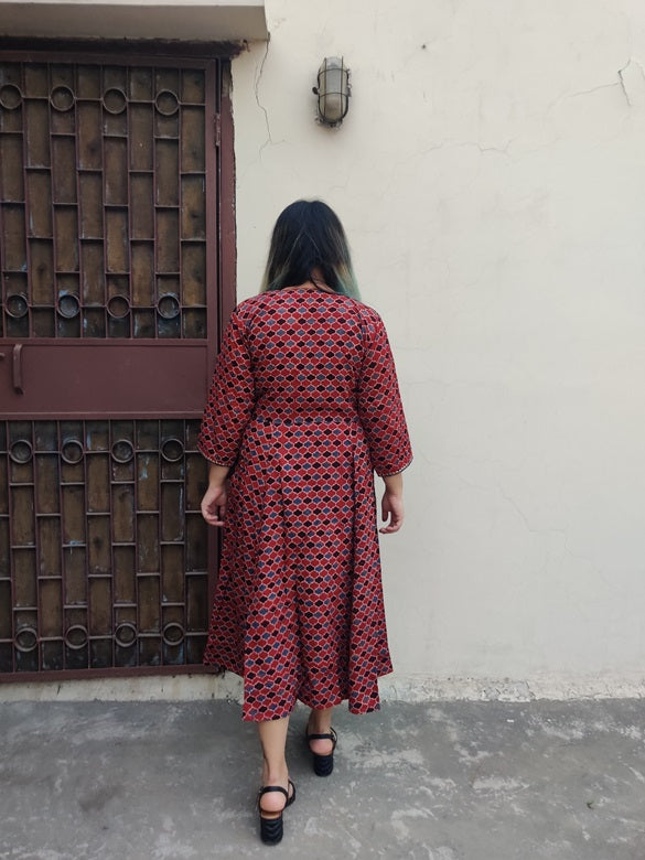 Giva Ajrakh Hand Black printed Angrakha Dress with Tassels