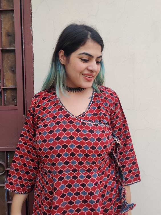 Giva Ajrakh Hand Black printed Angrakha Dress with Tassels