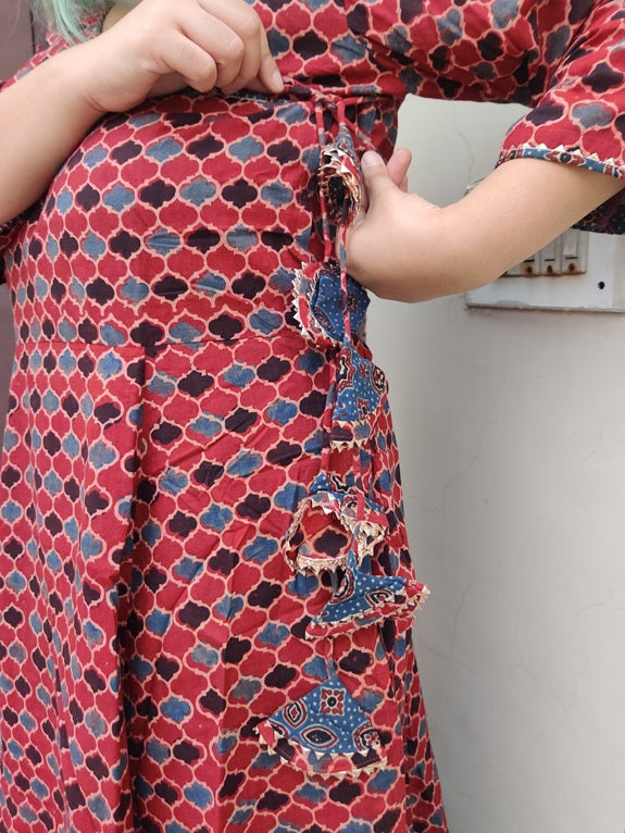 Giva Ajrakh Hand Black printed Angrakha Dress with Tassels