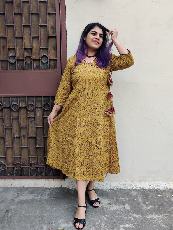Tisya Ajrakh Hand Black printed Angrakha Dress with Tassels