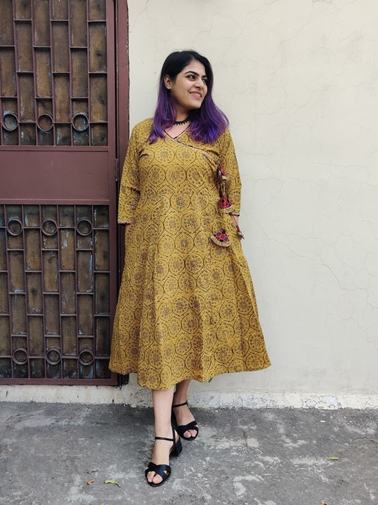 Tisya Ajrakh Hand Black printed Angrakha Dress with Tassels