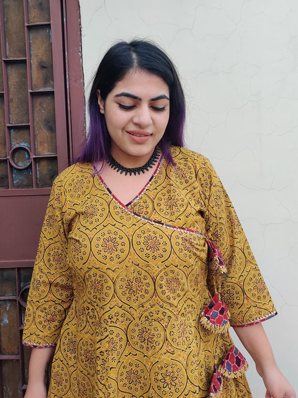 Tisya Ajrakh Hand Black printed Angrakha Dress with Tassels