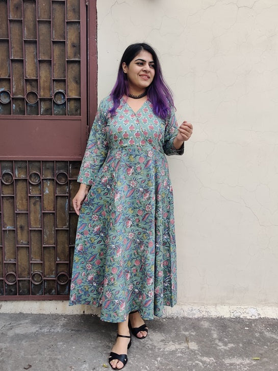 Navya Hand Block Printed A Line Maxi Patch Dress