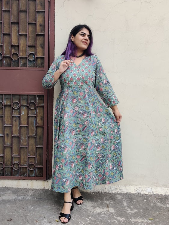 Navya Hand Block Printed A Line Maxi Patch Dress