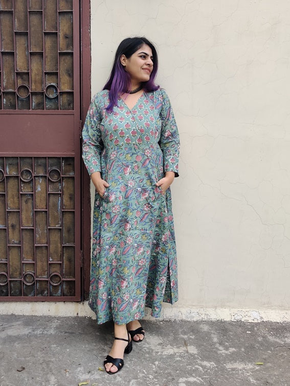 Navya Hand Block Printed A Line Maxi Patch Dress