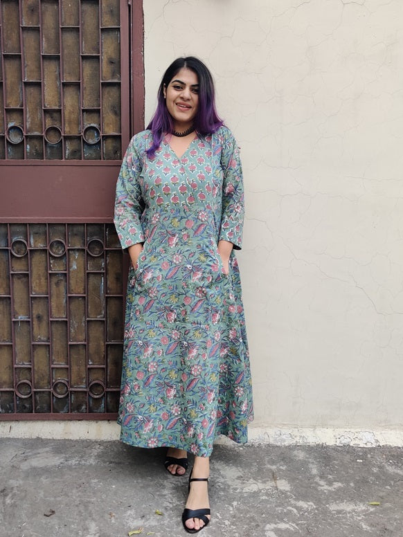 Navya Hand Block Printed A Line Maxi Patch Dress