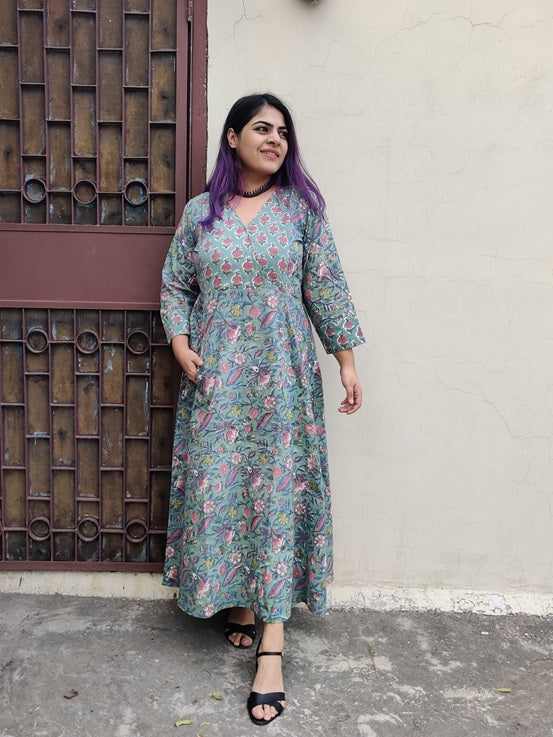 Navya Hand Block Printed A Line Maxi Patch Dress