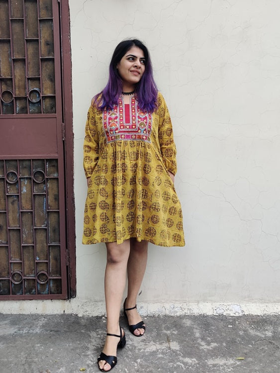 Haldi Ajrakh Hand Embroidered Patch Comfort Fit Dress