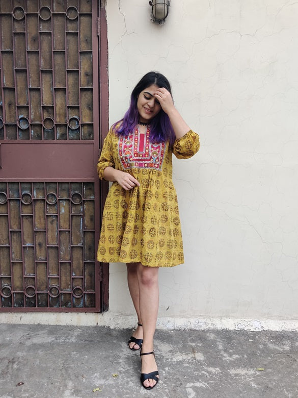 Haldi Ajrakh Hand Embroidered Patch Comfort Fit Dress