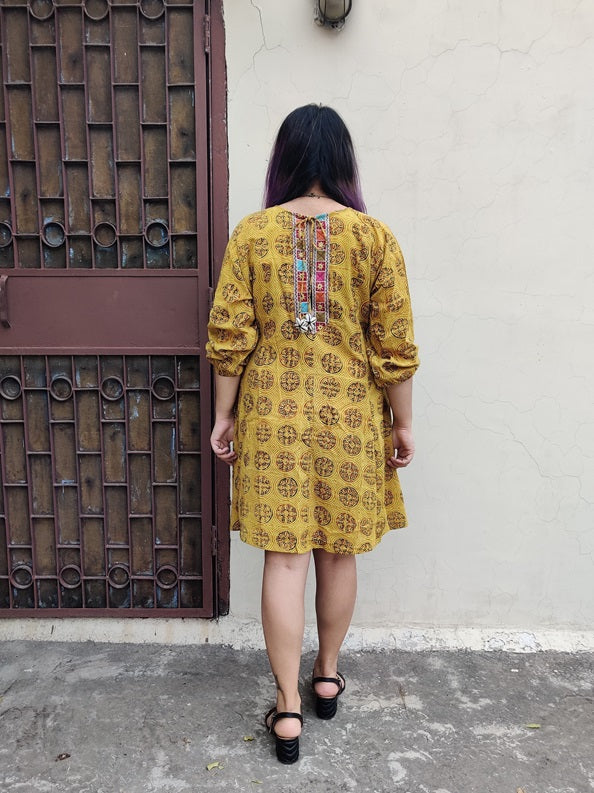 Haldi Ajrakh Hand Embroidered Patch Comfort Fit Dress