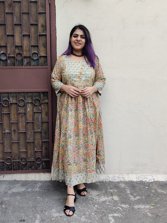Inika Hand Block Printed Patch Flared Maxi Dress