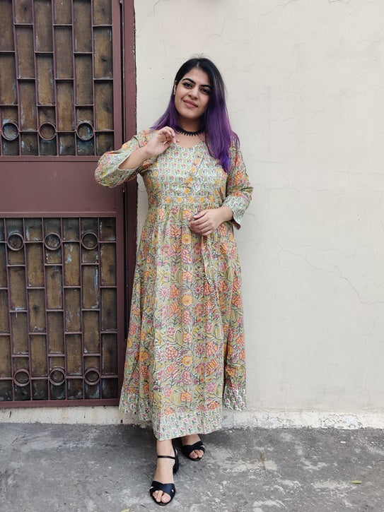Inika Hand Block Printed Patch Flared Maxi Dress