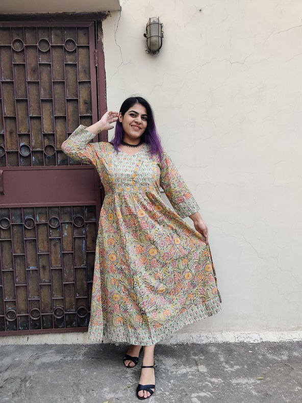 Inika Hand Block Printed Patch Flared Maxi Dress