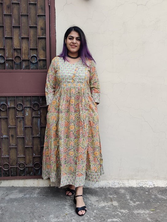 Inika Hand Block Printed Patch Flared Maxi Dress