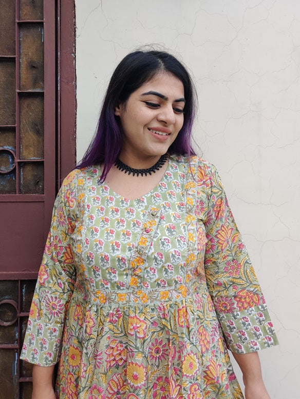 Inika Hand Block Printed Patch Flared Maxi Dress