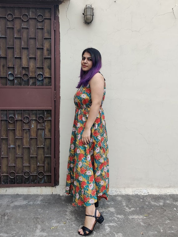 Orange Yellow Hand Block Printed Floral Flared Jumpsuit