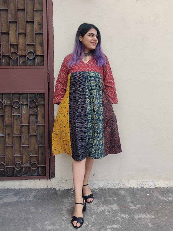 Riot of Colors : Ajrakh Hand Block Printed Knee Length Dress