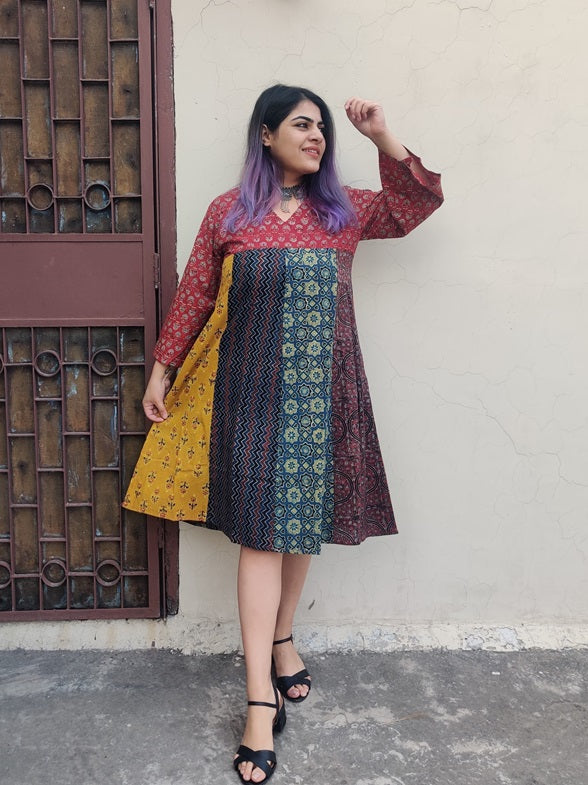Riot of Colors : Ajrakh Hand Block Printed Knee Length Dress
