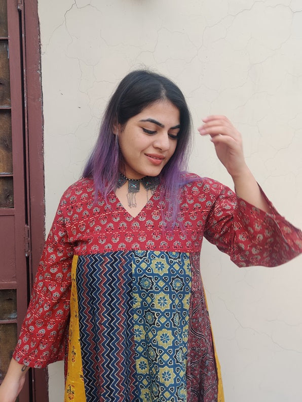 Riot of Colors : Ajrakh Hand Block Printed Knee Length Dress