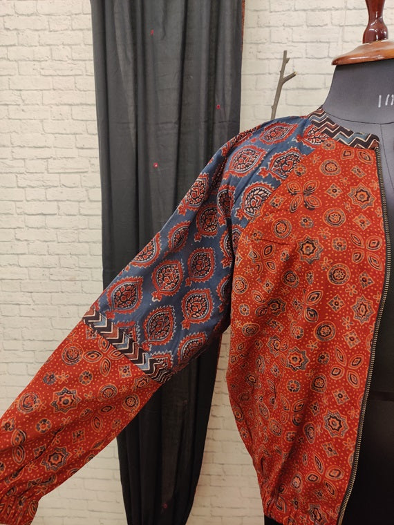 Red Indigo Ajrakh Hand Block Printed Unisex Bomber Jacket