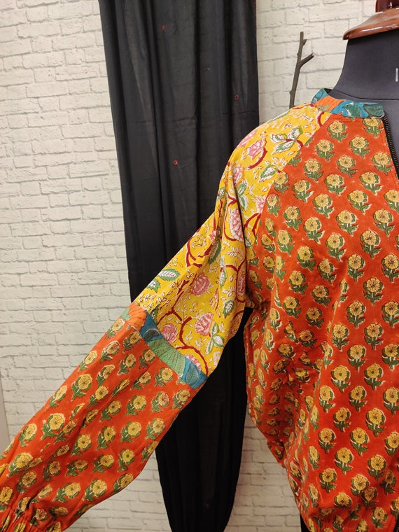 Orange Yellow Hand Block Printed Unisex Bomber Jacket