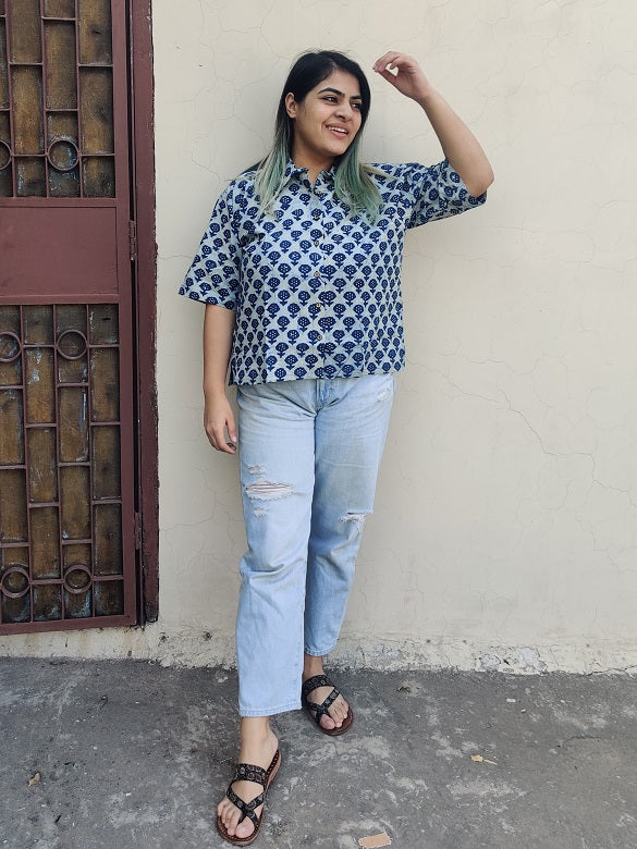 Indigo White Relaxed Fit Short Shirt