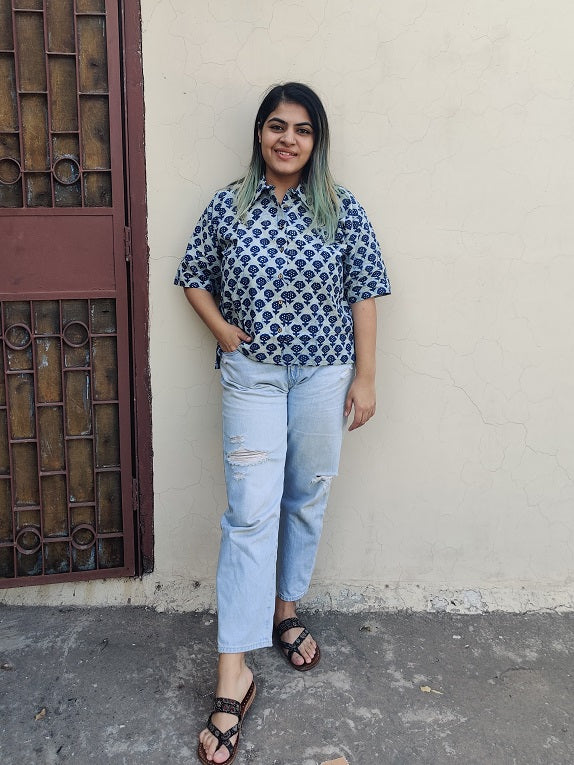 Indigo White Relaxed Fit Short Shirt