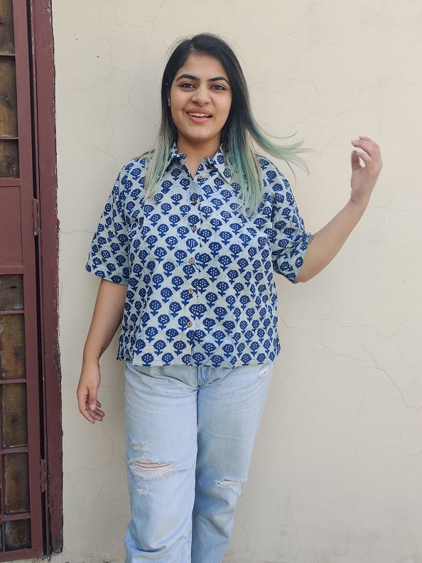 Indigo White Relaxed Fit Short Shirt