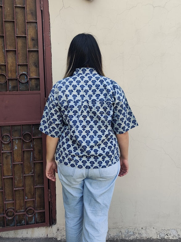 Indigo White Relaxed Fit Short Shirt