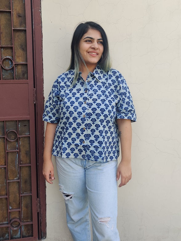 Indigo White Relaxed Fit Short Shirt