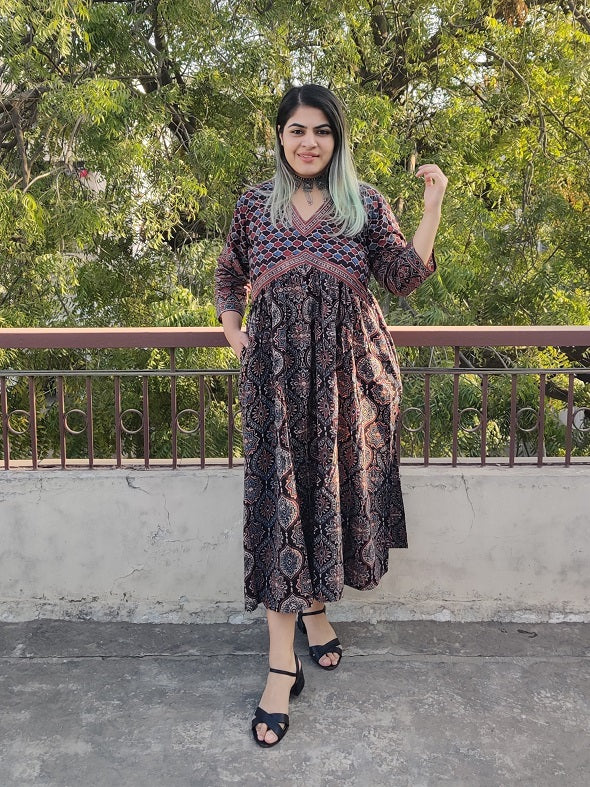 Black Pepper Ajrakh Hand Block Printed Nyra Cut Dress