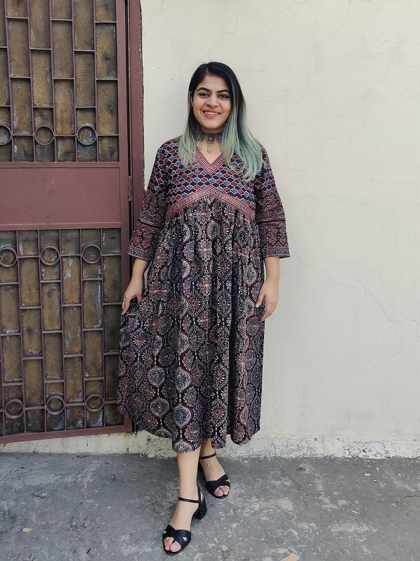 Black Pepper Ajrakh Hand Block Printed Nyra Cut Dress