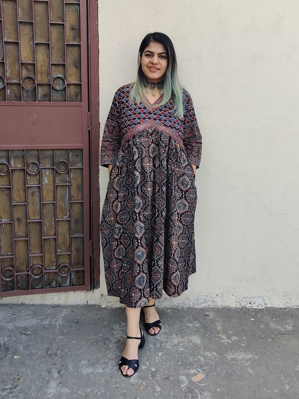 Black Pepper Ajrakh Hand Block Printed Nyra Cut Dress