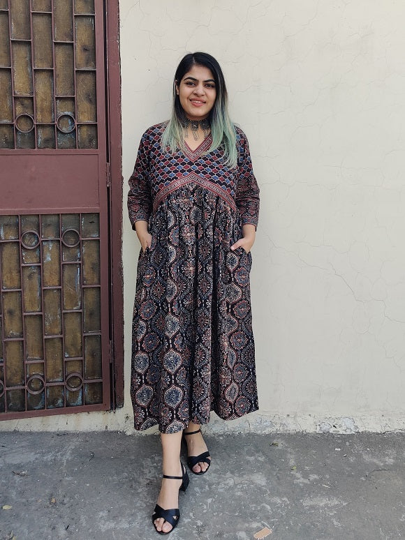 Black Pepper Ajrakh Hand Block Printed Nyra Cut Dress