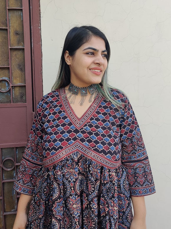 Black Pepper Ajrakh Hand Block Printed Nyra Cut Dress