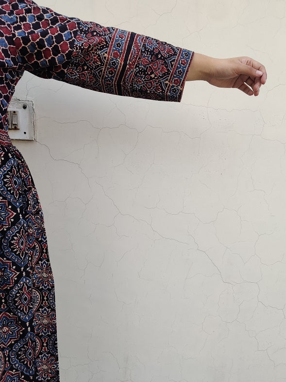 Black Pepper Ajrakh Hand Block Printed Nyra Cut Dress