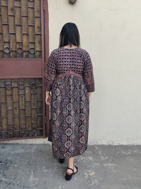 Black Pepper Ajrakh Hand Block Printed Nyra Cut Dress