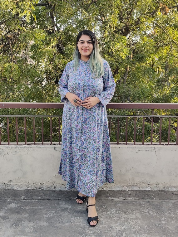 Gul Hand Block Printed A Line Maxi Shirt Dress with Full Sleeves
