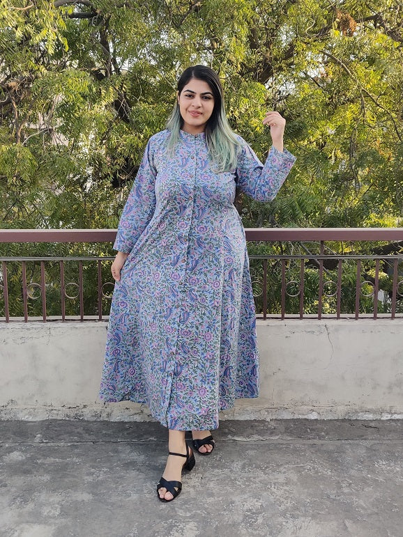 Gul Hand Block Printed A Line Maxi Shirt Dress with Full Sleeves