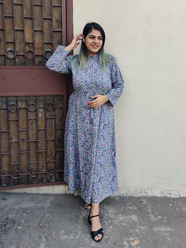 Gul Hand Block Printed A Line Maxi Shirt Dress with Full Sleeves