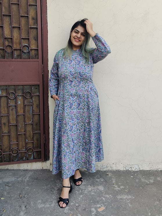 Gul Hand Block Printed A Line Maxi Shirt Dress with Full Sleeves