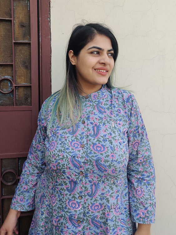 Gul Hand Block Printed A Line Maxi Shirt Dress with Full Sleeves